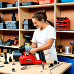 **

A bright, inviting DIY workshop scene. Various air tools are neatly organized on shelves and a workbench: an air compressor, air drill, air sander, and air impact wrench. In the center, a person (gender neutral) is enthusiastically using an air tacker to upholster a stylish chair. The overall atmosphere is one of creativity, enjoyment, and accessible DIY. Focus on the clarity of the air tools and the user-friendly workshop setting. Use a color palette that conveys a sense of fun and accomplishment. Consider a slight tilt-shift effect to emphasize the miniature, contained feel of a DIY project.

**