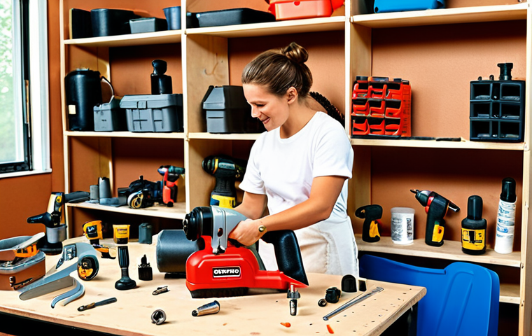 **

A bright, inviting DIY workshop scene. Various air tools are neatly organized on shelves and a workbench: an air compressor, air drill, air sander, and air impact wrench. In the center, a person (gender neutral) is enthusiastically using an air tacker to upholster a stylish chair. The overall atmosphere is one of creativity, enjoyment, and accessible DIY. Focus on the clarity of the air tools and the user-friendly workshop setting. Use a color palette that conveys a sense of fun and accomplishment. Consider a slight tilt-shift effect to emphasize the miniature, contained feel of a DIY project.

**
