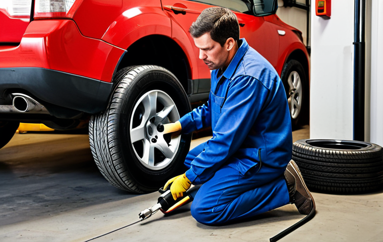 Tire Changing Scene**

A fully clothed mechanic in a professional garage setting, using an air impact wrench to change a tire on a car. The scene includes a jacked-up vehicle, various tools neatly organized in the background, good lighting, safe for work, appropriate content, professional, perfect anatomy, correct proportions, natural pose, well-formed hands, proper finger count, natural body proportions, modest clothing, fully clothed.

**