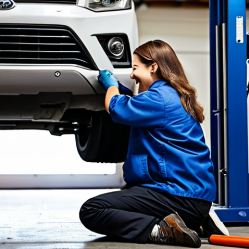 **

A fully clothed person in appropriate work attire is using a pneumatic wrench in a garage setting. The person is smiling and appears to be effortlessly removing a lug nut from a car tire. The garage is well-lit and organized with various tools visible in the background. Safe for work. Perfect anatomy, well-formed hands, natural pose, correct proportions. High-quality image, professional.

**
