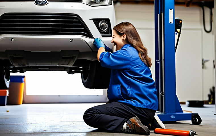**

A fully clothed person in appropriate work attire is using a pneumatic wrench in a garage setting. The person is smiling and appears to be effortlessly removing a lug nut from a car tire. The garage is well-lit and organized with various tools visible in the background. Safe for work. Perfect anatomy, well-formed hands, natural pose, correct proportions. High-quality image, professional.

**