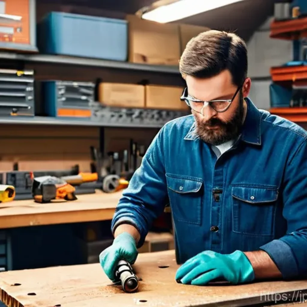 에어공구 사고 예방 가이드 - **Prompt: A Responsible Hobbyist Inspecting Air Tools in a Well-Lit Workshop**
    A realistic, high...