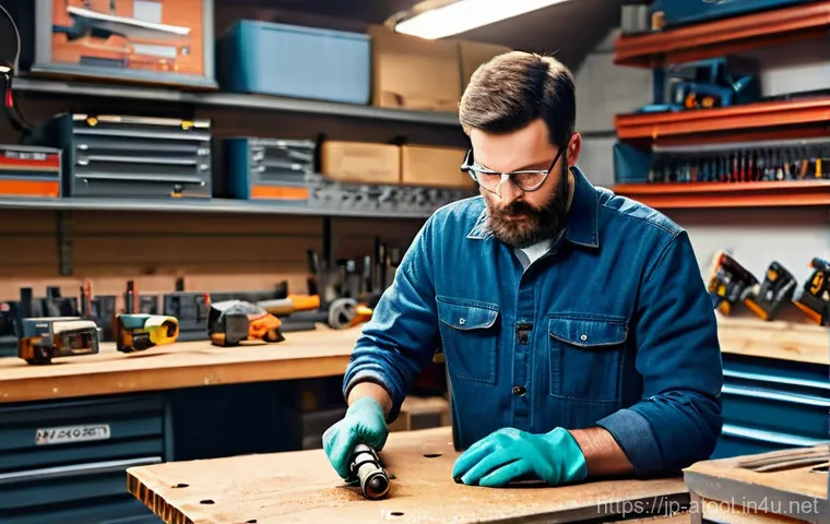 에어공구 사고 예방 가이드 - **Prompt: A Responsible Hobbyist Inspecting Air Tools in a Well-Lit Workshop**
    A realistic, high...