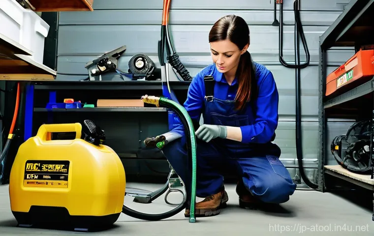 에어공구 사고 예방 가이드 - **Prompt: A Responsible Hobbyist Inspecting Air Tools in a Well-Lit Workshop**
    A realistic, high...