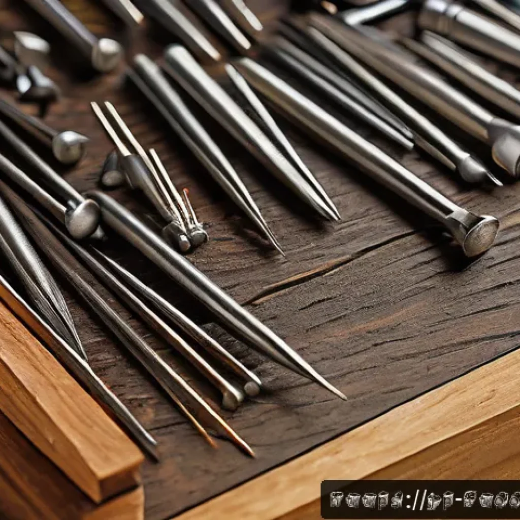 에어타카 못 종류별 특징 - A close-up, highly detailed image of various air tacker nails arranged on a wooden workbench, showca...