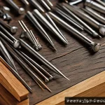 에어타카 못 종류별 특징 - A close-up, highly detailed image of various air tacker nails arranged on a wooden workbench, showca...
