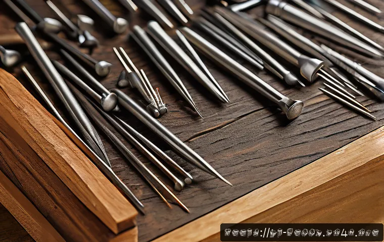 에어타카 못 종류별 특징 - A close-up, highly detailed image of various air tacker nails arranged on a wooden workbench, showca...