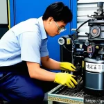 콤프레셔 오일교환 방법 - A detailed, realistic illustration of a professional air compressor maintenance scene in a modern Ja...