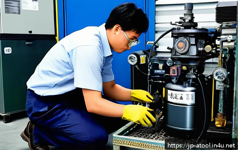 콤프레셔 오일교환 방법 - A detailed, realistic illustration of a professional air compressor maintenance scene in a modern Ja...