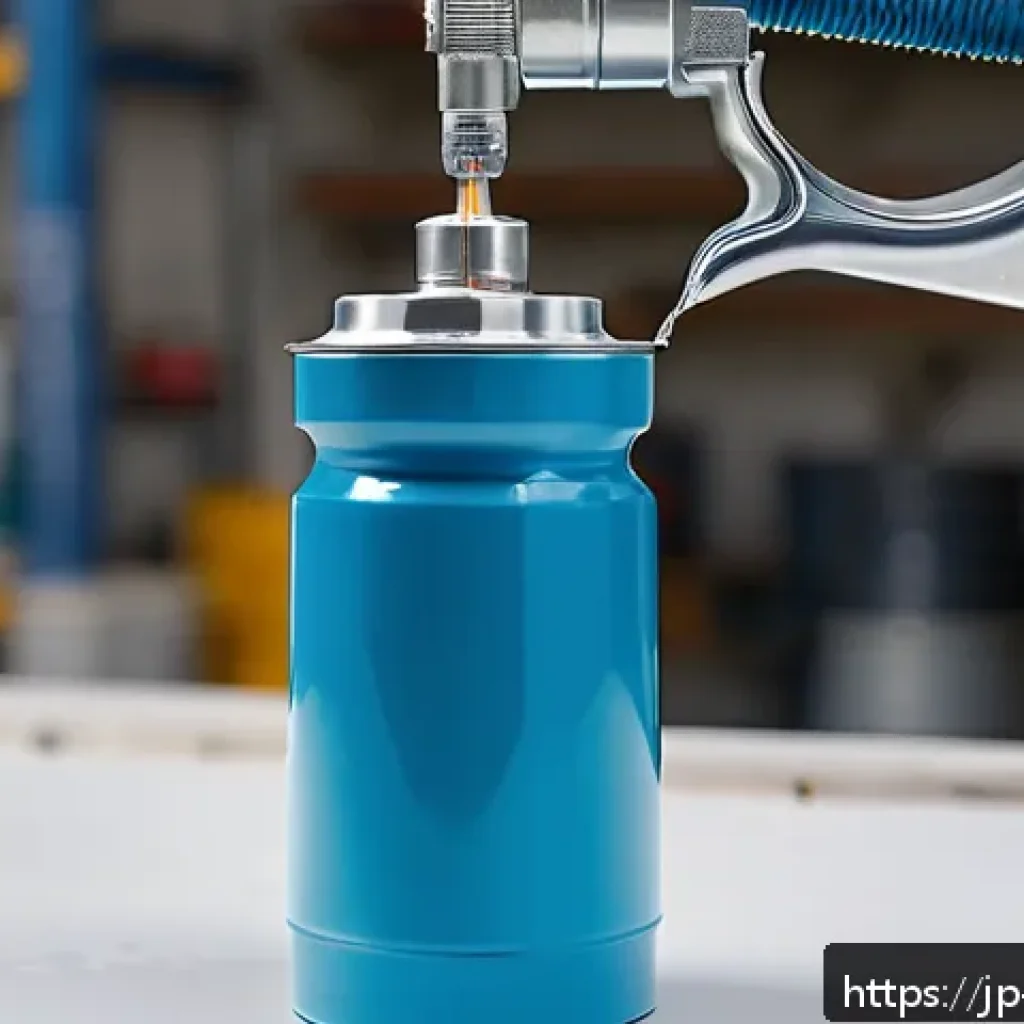 자동차 도색용 에어 스프레이건 - A detailed close-up of a gravity-feed air spray gun with a paint cup mounted on top, shown in a clea...