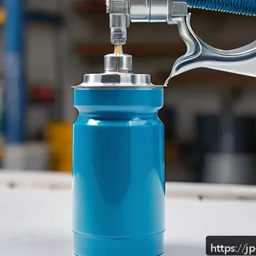 자동차 도색용 에어 스프레이건 - A detailed close-up of a gravity-feed air spray gun with a paint cup mounted on top, shown in a clea...
