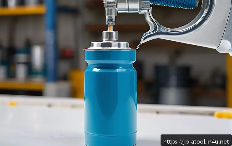 자동차 도색용 에어 스프레이건 - A detailed close-up of a gravity-feed air spray gun with a paint cup mounted on top, shown in a clea...