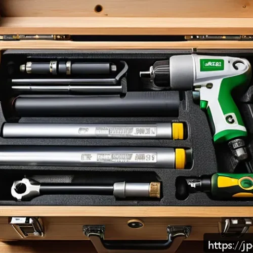 에어공구 최저가 구매법 - A modern Japanese home workshop scene featuring a neatly organized air tool set, including a lightwe...