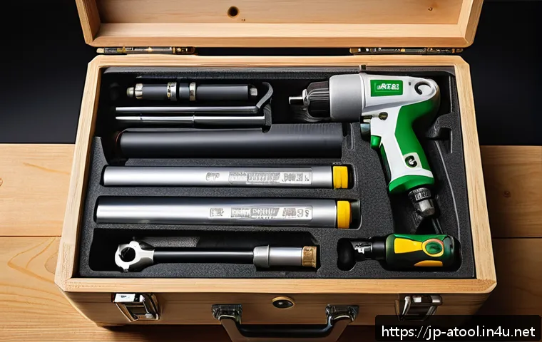 에어공구 최저가 구매법 - A modern Japanese home workshop scene featuring a neatly organized air tool set, including a lightwe...
